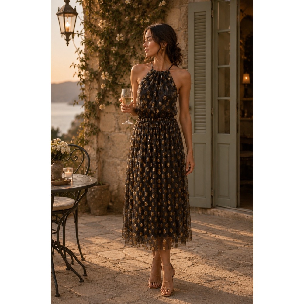 Sunday in Brooklyn Halter Dress LP Metallic Gold Polka Dot Midi Anthropologie